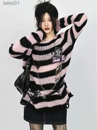 Women's Sweaters QWEEK Y2k Aesthetic Pink Striped Sweater Women Japanese Harajuku Fashion Knitted Pullover Goth Hollow Out Lolita 2000s Knitwears zln231117