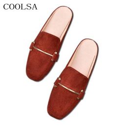 Slippers COOLSA Ladies Summer Flat Toe-covered Outdoor Solid Suede Lazy Fashion Women's Mules Shoes Sandals Big Size 11