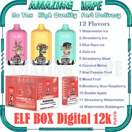 Original ELF BOX Digital 12000 Puff Disposable E Cigarettes 0.8ohm Mesh Coil 23ml Pod Battery Rechargeable Electronic Cigs Puff 12K 0% 2% 3% 5% Vape Bar Kit