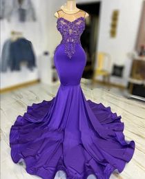 Purple Sheer O Neck Long Prom Dresses For Black Girls 2023 Beaded Appliques aso ebi Mermaid Evening Gowns robe soiee