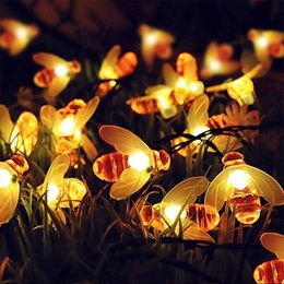 LED Strings Solar Powered Cute Honey Bee Led String Fairy Light 20leds Bee Outdoor Garden Fence Patio Christmas Garland Lights Garden Decor P230414