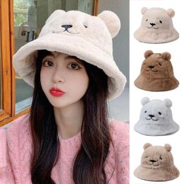 Cartoon Bear Plush Bucket Hat For Women Furry Fur Fisherman Cap Winter Thick Warm Panama Basin Cap Soft Velvet Girl Bonnet Visor