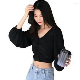 Women's Blouses Autumn Women's Solid Colour V-Neck Casual Long Sleeve Office Lady Loose White Black Shirt Tops