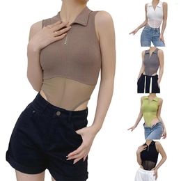 Women's Tanks Summer Women Fashion Tank Tops Bodysuit Sleeveless Turn-down Collar Zipped See-through Patchwork Camis