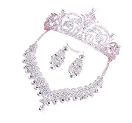 2019 New Pierced Earrings Necklace Crown ThreePiece Rhinestone Wedding Jewelry Set Crown Headwear Tiaras Women Banquet Bridal Acc4812668