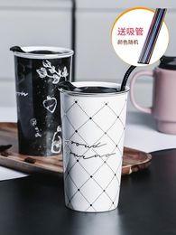 Mugs Nordic Double-layer Ceramic Cup With Cover Car Coffee Anti Scald Light Luxury Ins Handy Portable