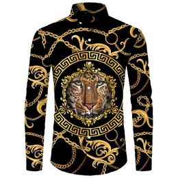 Men's Casual Shirts Golden Lion Pattern 3D Print Men Shirts Long Sleeve Turndown Collar Button Tops Fashion Baroque Style Men's Streetwear Clothing J230417