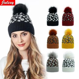 Beanies Beanie/Skull Caps 2023Uutumn And Winter Knitted Hat Women Amazon Ieopard Print Woollen Knit Fashion Warm Big Hair Ball