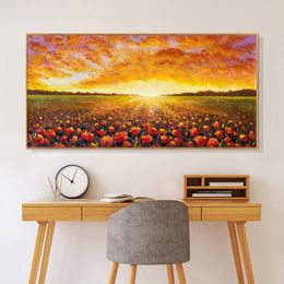 Modern Oil Painting Printed on Canvas Rural Landscape Sunset Dawn of Sun Over Flower Field Poster Wall Picture for Home Decor