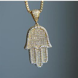 high quality hip hop bling box chain 24 women Men couple gold silver color iced out Hamsa hand pendant necklace for birthday254A