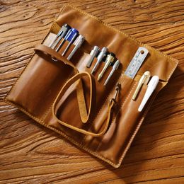 Pencil Bags Retro First Layer Cowhide Pen Curtain Leather Pen Bag Simple Literary Pen Curtain Multi-functional Pencil Roll Bag Pencil Cases 230417