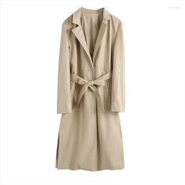 Women's Trench Coats ZATRHMBM 2023 Fashion Faux Leather Coat Vintage Notched Collar Long Sleeve With Belt Female Outerwear Chic Overcoat