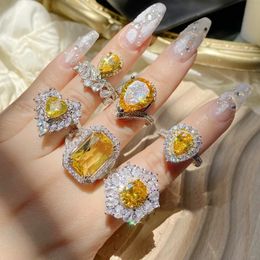 Wedding Rings 6 Style Elegant Women 925 Sterling Silver Ring Yellow Crystal Lab Diamond Geometric Finger Exquisite Bride Jewellery 231117