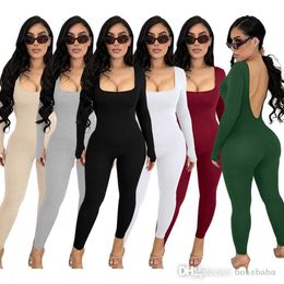 Women Jumpsuits Designer 2023 New Solid Colour Square Neck Back Deep V Long Sleeve Yoga Bodysuits 6 Colours