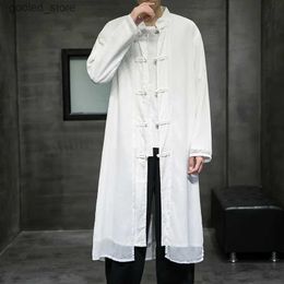 Men's Trench Coats Autumn Men White Linen Trench Coat 2022 Mens Loose Long Chinese Type Cotton Windbreaker Male Mandarin Collar Cardigan Robe Q231118