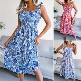 Casual Dresses Floral Print Bohemian Dress Summer Sleeveless Boat Neck Cotton Linen Women Boho Chiffon