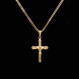 Jesus Cross Necklace Gold Plated Stainless Steel Pendant Fashion Religious Faith Necklaces Mens Hip Hop Jewelry216N