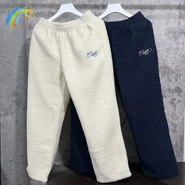 Men's Jeans Dark Blue Apricot Warm Berber Fleece Casablanca Sweatpants Men Women Heavy Fabric Drawstring Classic Embroidery Pants 231117