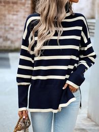 Women's Sweaters Winter Women's Long Sleeves Striped Knit Sweaters Turtleneck Striped Print Loose Pullover Tops Autumn Oversized Sweater 231117