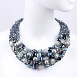 Chokers Luxury Statement Necklace Crystal and Synthetic Pearls Knitted Choker Necklace for Women Fashion Beaded Bib Collar Jewellery 231116