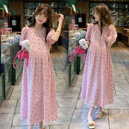 Maternity Dresses 6833# Floral Pinted Maternity Dress Summer Korean Fashion A Line Loose Clothes for Pregnant Women Sweet Pregnancy 230417