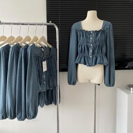Women's Blouses Spring Women Korean Square Neck Denim Tops With Bubble Sleeve Short Slim Waist Long Sleeves Blouse Jean Shirt 2023