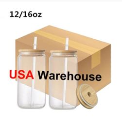 USA Canada Warehouse 16oz DIY Sublimation Glass Glass Beer Mug الزجاج الزجاجي يمكن أن يتمكن من الكوب من المبلورات المبللة بغطاء من الخيزران وقهوة مثلج قابلة لإعادة الاستخدام