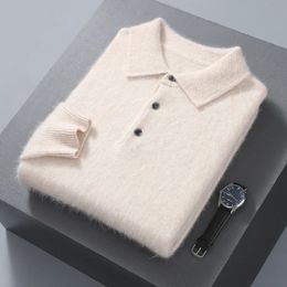 Men's Sweaters Pullover Men's Sweater Polo Neck 100% Mink Cashmere Knitted Sweater Casual Loose Large Size Long Sleeve 23 Winter Korean Version 231117