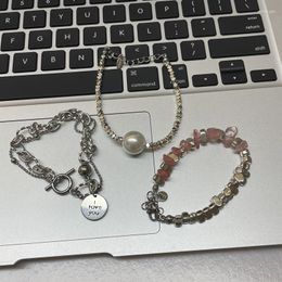 Charm Bracelets AOMU Y2K Sweet Pink Silver Color Metal Imitation Pearl Letter Round Bracelet Irregular Geometric Beaded Link Chain For Women