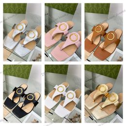 Slippers summer Blondie thong Sandal Square toe metal buckle sandals Women Interlocking G letter Leather Flip flops Flats mules Summer outdoor beach loafers