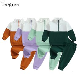 Clothing Sets Tregren 6M 5Y Toddler Baby Girl Boy Fall Clothes Contrast Colour Long Sleeve Half Zipper Tops Elastic Waist Pants 2Pcs Outfits 231117