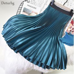 Skirts Women Elegant Metal Colour Pleated Skirt Elastic High Waist Midi Skirt Female High Quality Chic Skirts Saias Spring SK396 230417