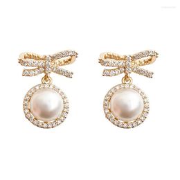 Dangle Earrings LosoDo South Korean Tide Temperament Retro Wild Pearl Bow Female Fashion Simple High-class Sense Jewelry