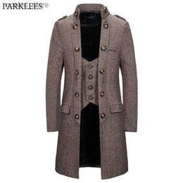 Men's Trench Coats Men's Double Breasted Herringbone Tweed Wool Blend Long Trench Coat Fake Two Piece Stand Collar Formal Business Windbreaker 2XL Q231118