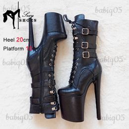 Boots Sexy Knight Female 8Inch High Heel Platform Ankle Boots for Women Autumn Winter Shoes 20cm Black Buckle Strap Pole Dancing Boots T231117