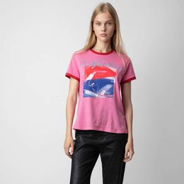 24ss French Zadig Voltaire Red Lip Car Tees White Ink Digital Printing Cuff Contrast Tshirts Pink Women Designer Cotton Short Sleeve T-shirt