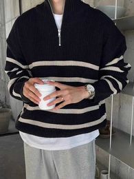 Men's Sweaters 2023 Fall/Winter New Half Zip-up Sweater Men Korean Fashion Striped Long Sleeve Knit Pullovers Tops J231116