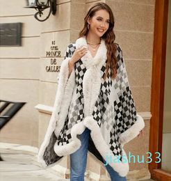 5 Colours Women's Fur Collar Cape Thickened Warm Plaid Cloak Autumn/Winter Warm Plush Hem Knit Cloak Cape