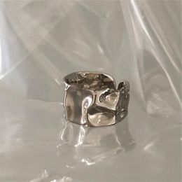 925 Sterling Silver Retro Dark Fold Bumpy Texture Wide Face Metal Ring Hip Hop Style Trend Boutique Fashion Jewelry284A
