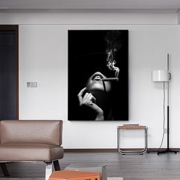 Elegant Lady Wall Art Canvas Painting Poster and Prints Smoking Cigar Women Picture Canvas Art for Livingroom Home Decoration