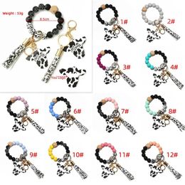 Keychains Cow Custom Silicone Beads Leather Tassel Cute Cow Wood Bull Wooden Bead Bracelet Silicone Wristlet Keychain