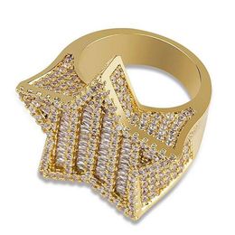 Mens Iced Out 3D Gold Super Star Rings Micro Pave Cubic Zirconia 14K Gold Plated Simulated Diamonds Hip hop Ring with gift box314B