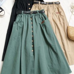 Skirts TIGENA Casual Cotton Midi Long Skirt Women Autumn Korean Button Pocket Belt A Line High Waist Mid-length Skirt Female Green 230417