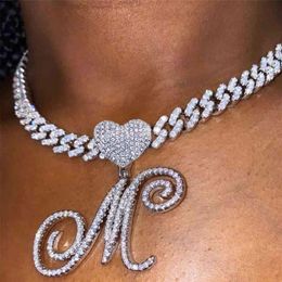 HBP New A-z Cursive Letter Heart Pendant Iced Out Cuban Necklace for Women Initial Zircon Link Chain Choker Hip Hop Jewellery 220008287N