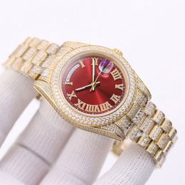 Classic Mens Watch 41mm Red Dial Gold Diamond Strap Mechanical Movement Automatic Watches Couples Wristwatch Casual Business Clock Orologio di lusso