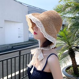 Wide Brim Hats 2023 Fashion Summer Straw Hat Lace Beach Women Korean Windproof Rope Travel Sun Elegant Bucket