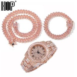 Hip Hop Baguette Watch Necklaces Bracelet 12MM Iced Out Paved Pink Rhinestones Miami Prong Cuban Chain For Women Men Jewellery Chai284D