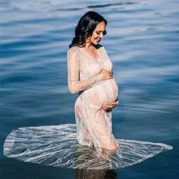 Maternity Dresses Bohemian Lace Maternity Dress For Po Shoot Bling Glitter Full Sleeves Clothes PoShoot Baby Shower Gown Pography Dress 230417