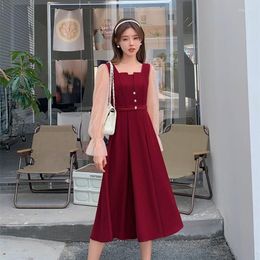 Casual Dresses Office Lady Sequin Mesh Flare Sleeve Temperament Wine Red Party Dress Summer Clothes For Women Square Collar Long