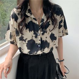 Women's Blouses EBAIHUI Women's Blouse 2023 Summer Vintage Loose Short Sleeve Shirt Single Breasted Shirts Retro Cow Print Top Lapel